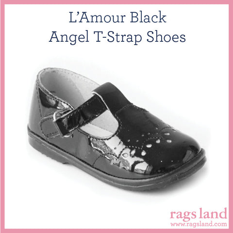 L’ Amour Angel Patent Black T-Strap Shoes
