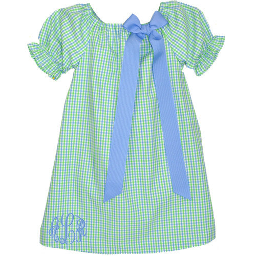 Blue/Lime Checks Puff Sleeve Peasant Dress
