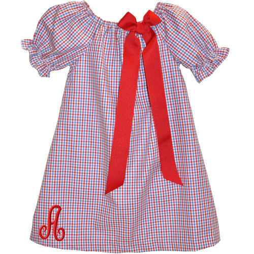 Blue/Red Tricolor Checks Puff Sleeve Peasant Dress