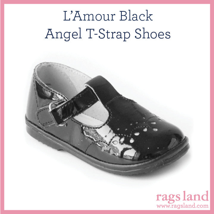 L’ Amour Angel Patent Black T-Strap Shoes